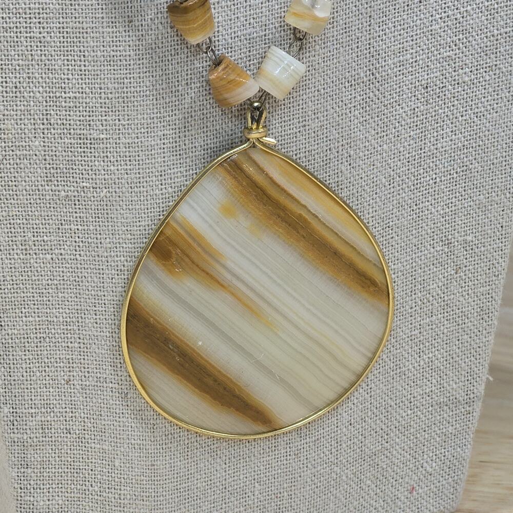 Retro Vintage White Yellow Onyx Mexican Agate Beaded Chain Pendant Necklace - Picture 3 of 12